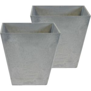 Set van 2x stuks bloempot/plantenpot vierkant van gerecycled kunststof steengrijs D40 en H40 cm