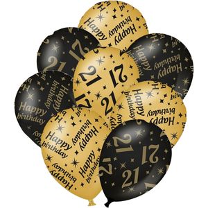 12x stuks leeftijd verjaardag ballonnen 21 jaar en happy birthday zwart/goud