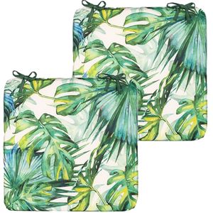 Anna's collection Stoelkussen monstera - 2x - wit/groen - 40 x 40 cm