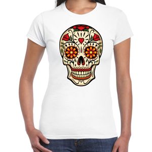 Bellatio Decorations Sugar Skull t-shirt dames - wit - Day of the Dead - punk/rock/tattoo thema
