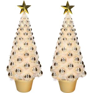 2x stuks kunstkerstbomen compleet met lichtjes en ballen goud 50 cm