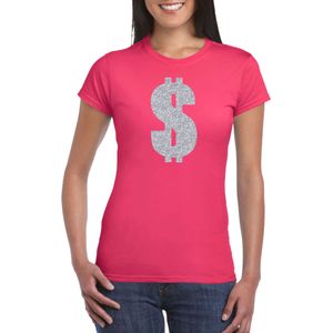Verkleedkleding gangster / zilveren dollar t-shirt roze voor dames