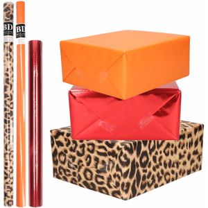 6x Rollen kraft inpakpapier pakket dierenprint/metallic rood en oranje 200 x 70/50 cm