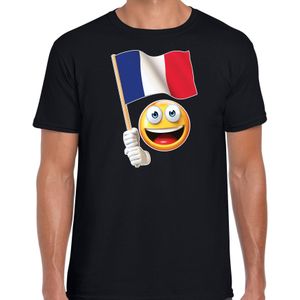 Frankrijk fan shirt met emoticon en Frans zwaaivlaggetje zwart voor heren