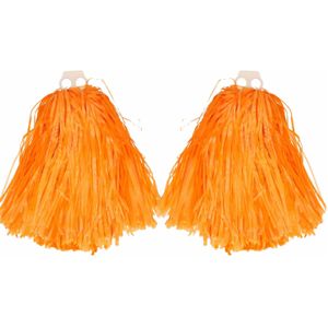 Funny Fashion Cheerballs/pompoms - 2x - oranje - met franjes en ring handgreep - 28 cm