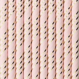 Drinkrietjes - papier - 50x - roze/goud strepen - 19,5 cm - rietjes