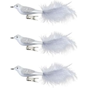 12x stuks decoratie vogels op clip zilver 20 cm
