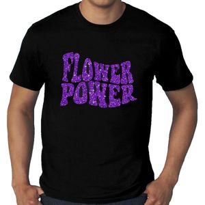 Zwart t-shirt in grote maat heren met tekst Flower Power in paarse glitter letters