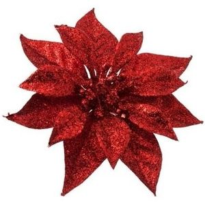 1x Kerstboomversiering bloem op clip rode kerstster 18 cm