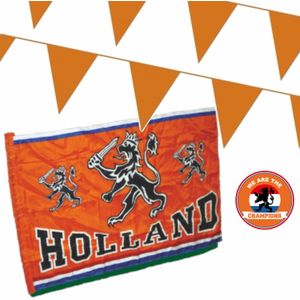 Oranje versiering buiten pakket 1x mega Holland spandoek/ vlag + 300 meter vlaggetjes