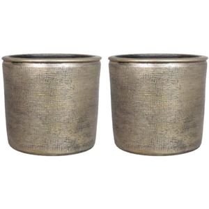 2x stuks bloempot/plantenpot van keramiek in het industrieel goud D24 en H22 cm