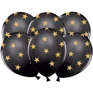 6 zwarte ballonnen met gouden sterretjes