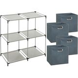 5Five Kastmandjes/opberg manden - blauwgrijs - 4x stuks van 29 Liter - Metalen rekje is 67 x 68 cm