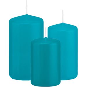 Stompkaarsen set van 3x stuks turquoise blauw 8-10-12 cm
