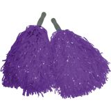 Funny Fashion Cheerballs/pompoms - set van 2x - paars - met franjes en stick handgreep - 25 cm - voor kinderen