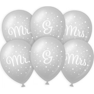 6x stuks Mr. &amp; Mrs huwelijks feest ballonnen - zilver/wit - latex - ca 30 cm