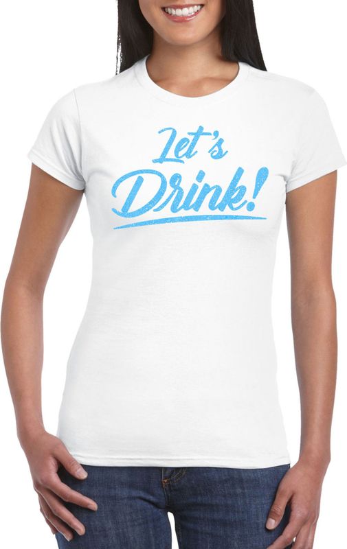 Bellatio Decorations Verkleed T-shirt voor dames - lets drink - wit - blauwe glitters - glamour