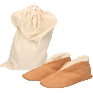 Beige Spaanse kinder sloffen/pantoffels van echt leer/suede maat 33 met opbergzak