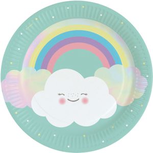 16x Feestelijke wegwerpbordjes met wolkje en regenboog print karton 23cm