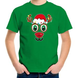Bellatio Decorations kerst t-shirt voor kinderen - Rudolf gezicht - rendier - groen