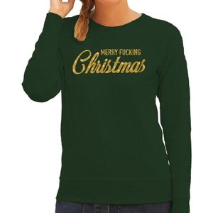 Foute kerstborrel trui / kersttrui Merry Fucking Christmas glitter goud op groen dames