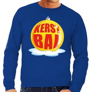 Foute feest kerst sweater met gele kerstbal op blauwe sweater voor heren