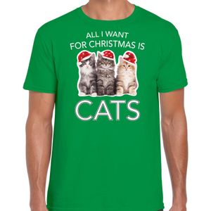 Groen  Kerst shirt/ Kerstkleding All i want for Christmas is cats voor heren