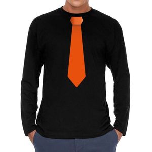 Zwart long sleeve t-shirt zwart met oranje stropdas bedrukking heren