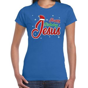 Blauw kerstshirt / kerstkleding Happy birthday Jesus voor dames