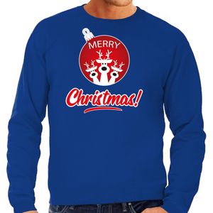Blauwe Kersttrui / Kerstkleding Merry Christmas voor heren met rendier kerstbal
