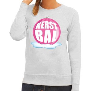 Foute feest kerst sweater met roze kerstbal op grijze sweater voor dames