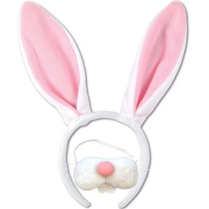 Paashaas/konijn oren diadeem roze/wit met tandjes/snuitje voor volwassenen