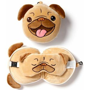 Relaxeazzz Mopshond knuffel/reiskussen/masker - 2-in1 set - kinderen