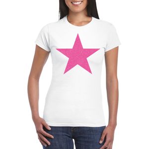 Bellatio Decorations Verkleed T-shirt voor dames - ster - wit - roze glitter - carnaval/themafeest