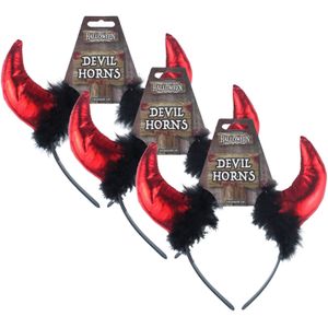 Halloween duivel hoorntjes met bont - 3x - diadeem - rood/zwart - kunststof