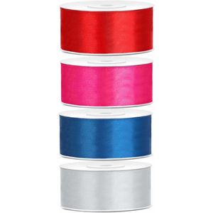 4x rollen satijnlint rood-zilver-turquoise-roze 2.5 cm x 25 meter