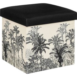 Atmosphera Poef/krukje/hocker Palmtrees - Opvouwbare opslag box - creme wit/zwart - D39 x H39 cm