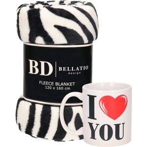 Valentijn cadeau set - Fleece plaid/deken zebra print met I love you mok - Cadeau vrouw, vriendin, geliefde