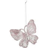 Christmas Decoration kersthangers vlinders - 2x -transparant/roze 15 cm