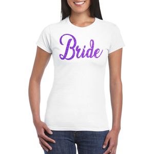 Bellatio Decorations Vrijgezellenfeest T-shirt voor dames - bride - wit - paarse glitter - bruiloft