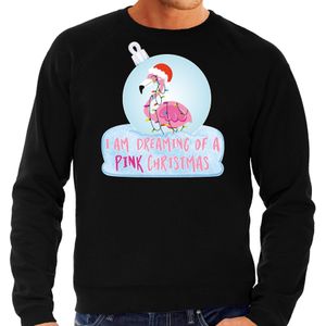 Zwarte Kersttrui / Kerstkleding I am dreaming of a pink Christmas voor heren met flamingo kerstbal