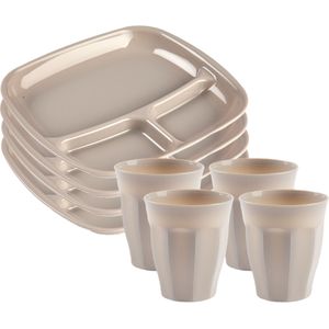 Plasticforte camping servies van kunststof - 8x vakjesborden en 8x drinkbekers - beige - onbreekbaar