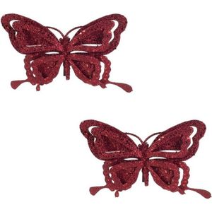 5x Kerstversieringen vlinder op clip glitter bordeaux rood 14 cm