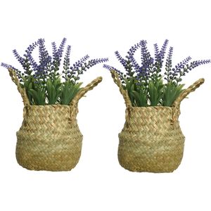Everlands Lavendel kunstplant in rieten mand - 2x - lila paars - D16 x H27 cm