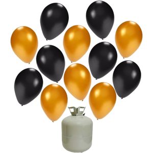 50x Helium ballonnen zwart/goud 27 cm + helium tank/cilinder