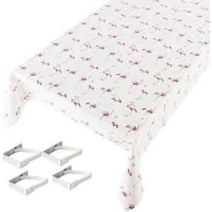 Witte tafelkleden/tafelzeilen flamingo print 140 x 245 cm rechthoekig met 4x tafelkleedklemmen