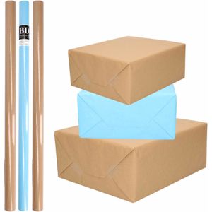 6x Rollen kraft inpakpapier/kaftpapier pakket bruin/lichtblauw 200 x 70 cm