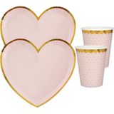 Feest wegwerp servies set - hartje - 20x bordjes / 20x bekers - roze/goud