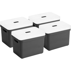 Set van 4x opbergboxen/opbergmanden zwart van 18 liter kunststof met transparante deksel 35 x 25 x 24 cm