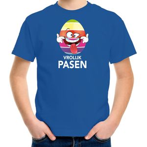 Pasen shirt blauw met vrolijk paasei die tong uitsteekt voor kinderen